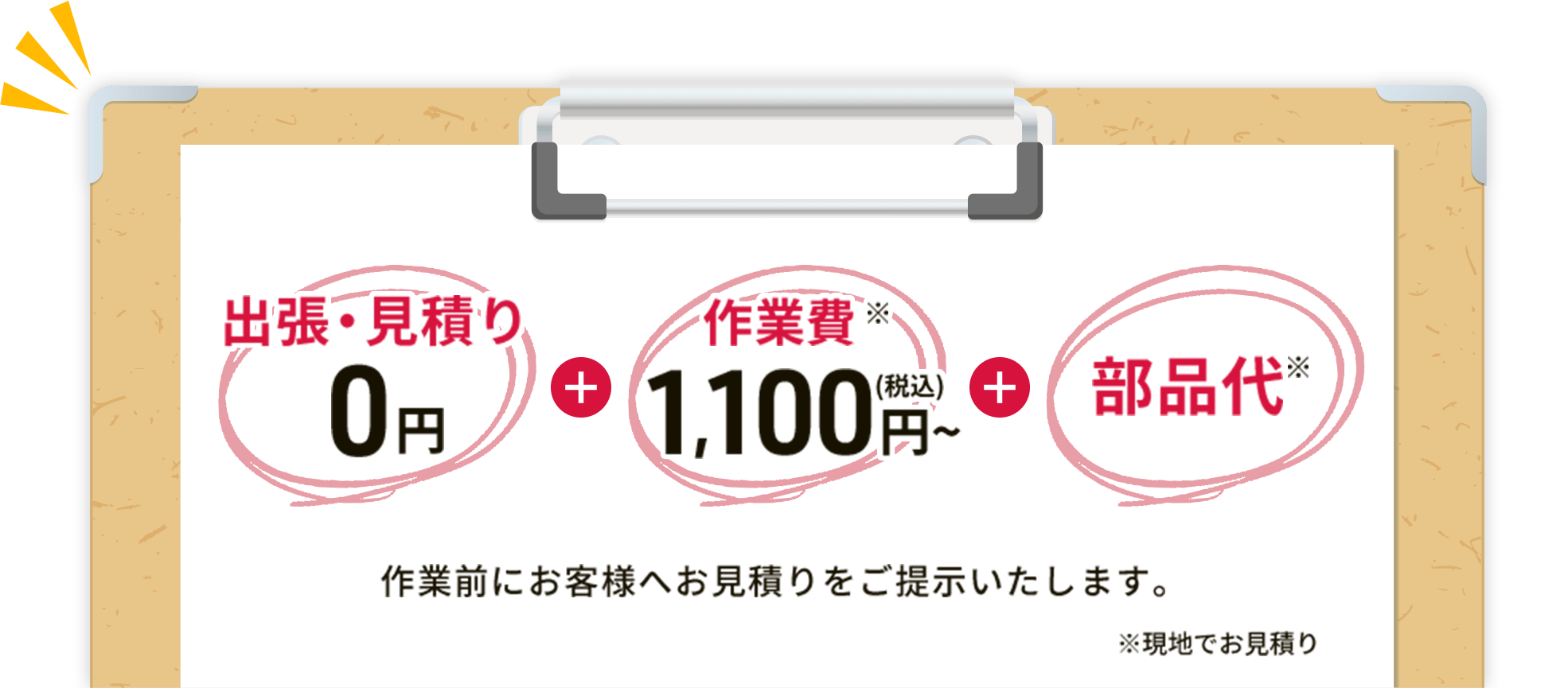 出張・見積り0円+作業費1,100円(税込)〜+部品代※ 作業前にお客様へお見積りをご提示いたします。 ※現地でお見積り